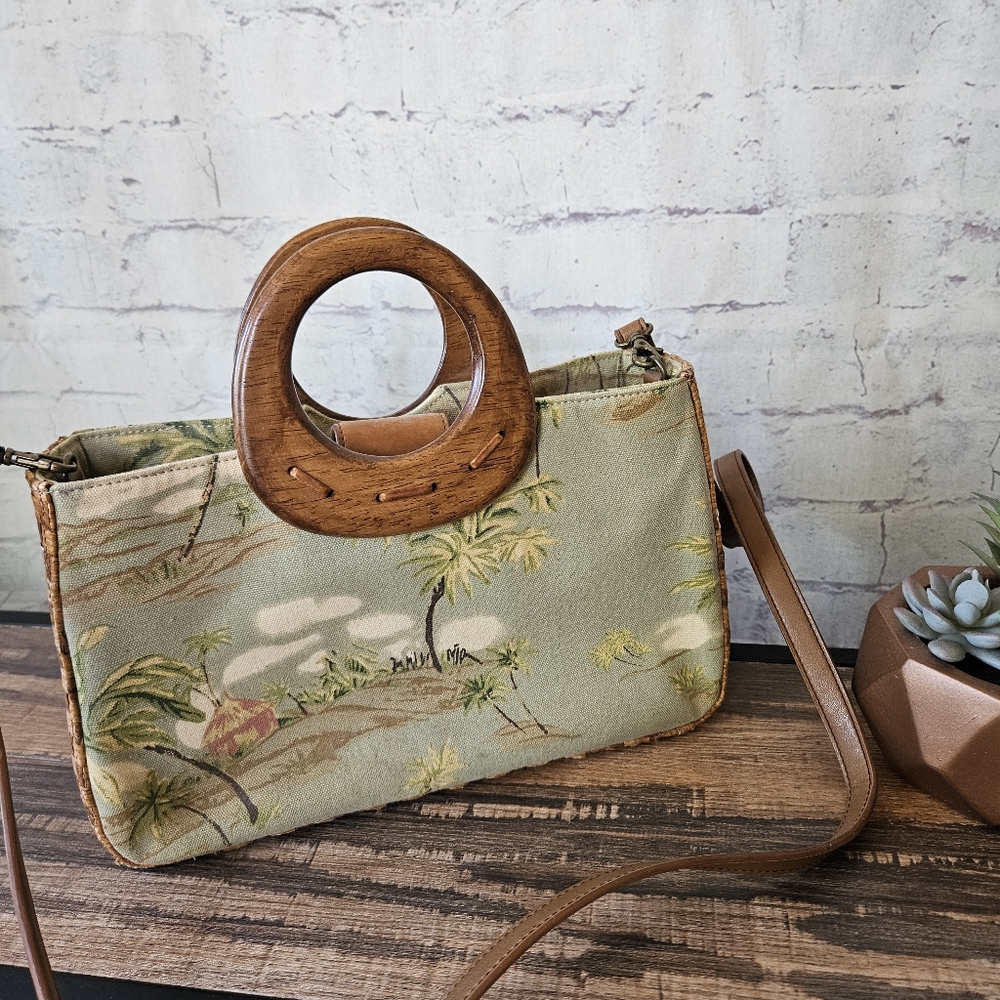 Vintage Fossil Island Palm Print Woven Rattan Wood Handle Handbag